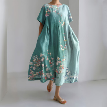 Japanese Art Flower Print Round Neck Casual Midi Dress