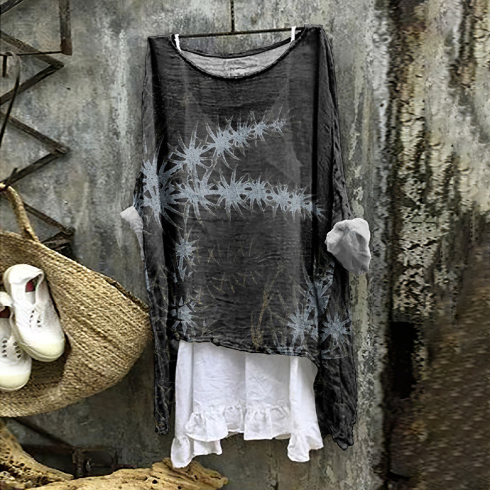 Japanese Art Flower Print Round Neck Loose Blouse