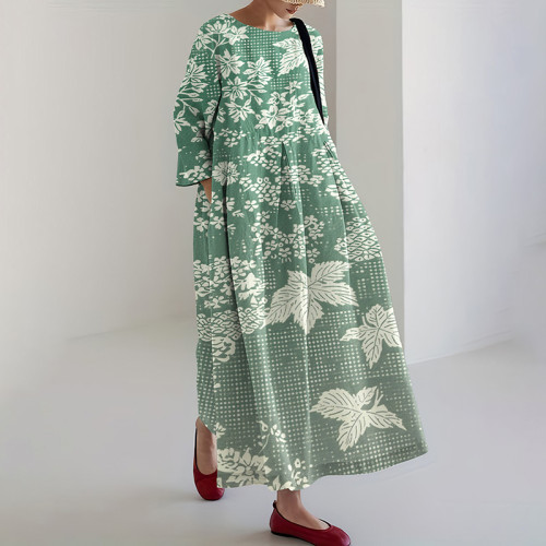 Japanese Art Flower Print Round Neck Loose Midi Dress