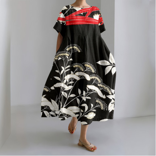 Japanese Art Flower Print Round Neck Loose Midi Dress
