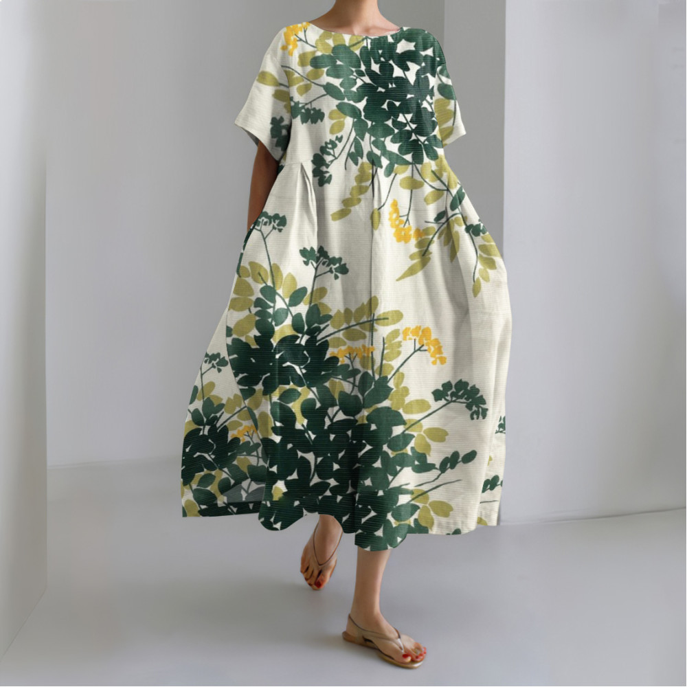 Japanese Art Flower Print Round Neck Loose Midi Dress