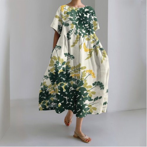 Japanese Art Flower Print Round Neck Loose Midi Dress