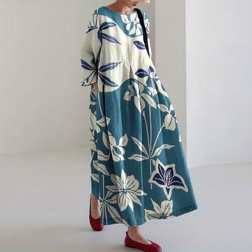 Japanese Art Flower Print Round Neck Loose Midi Dress