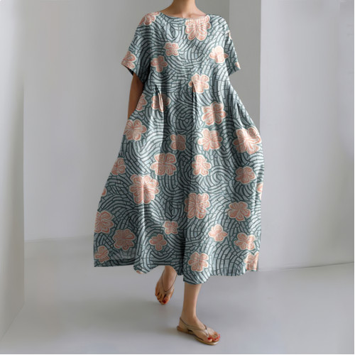 Japanese Art Flower Print Round Neck Loose Midi Dress