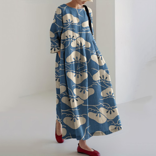 Japanese Art Flower Print Round Neck Midi Dress