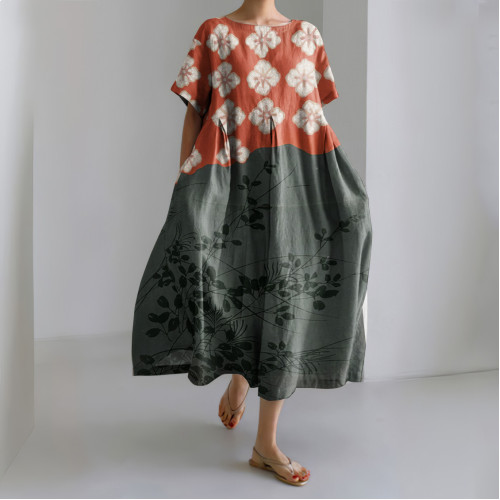Japanese Art Flower Print Round Neck Short Sleeve Casual Midi Dress