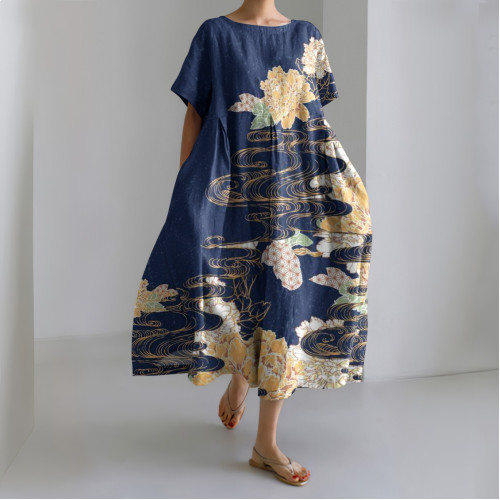 Japanese Art Flower Print Round Neck Short Sleeve Midi Dress