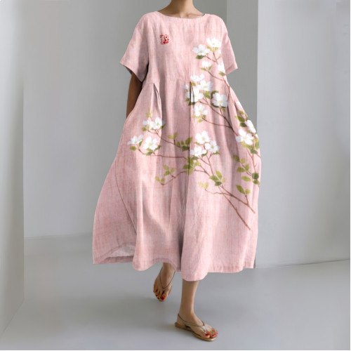 Japanese Art Flower Print Round Neck Short Sleeve Midi Dress