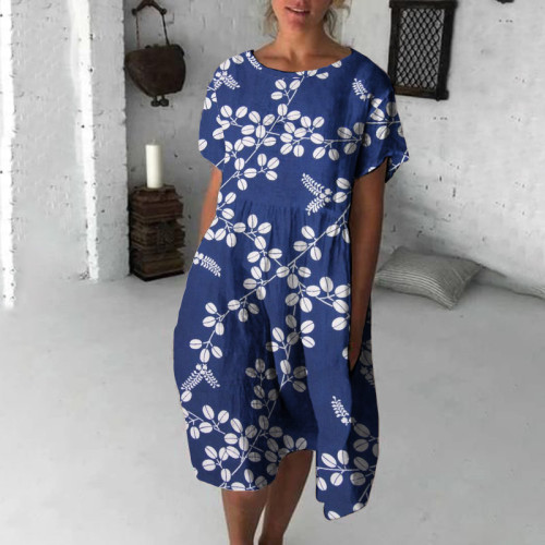 Japanese Art Flower Print Round Neck Short Sleeve Midi Dress