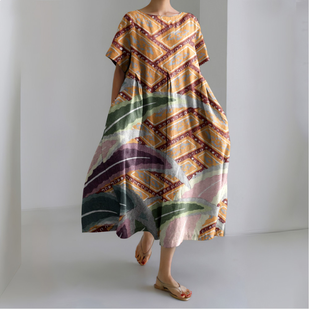 Japanese Art Flower Print Round Neck Short Sleeve Midi Dress