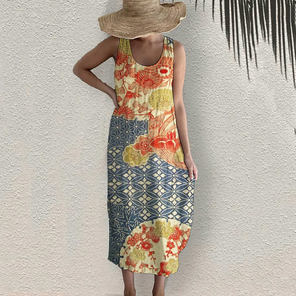 Japanese Art Flower Print Round Neck Sleeveless Loose Midi Dress