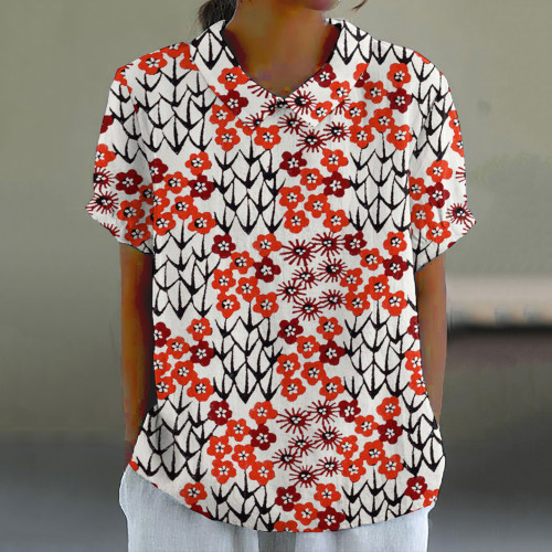Japanese Art Flower Print Short Sleeve Blouse