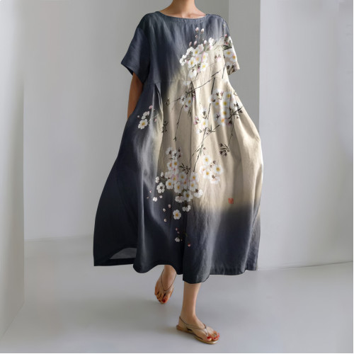 Japanese Art Flower Print Short Sleeve Casual Midi Dress