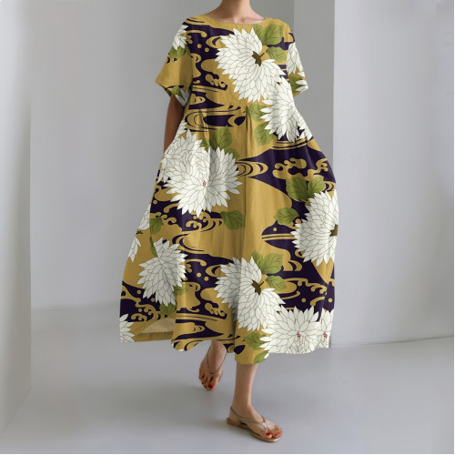 Japanese Art Flower Print Short Sleeve Casual Midi Dress