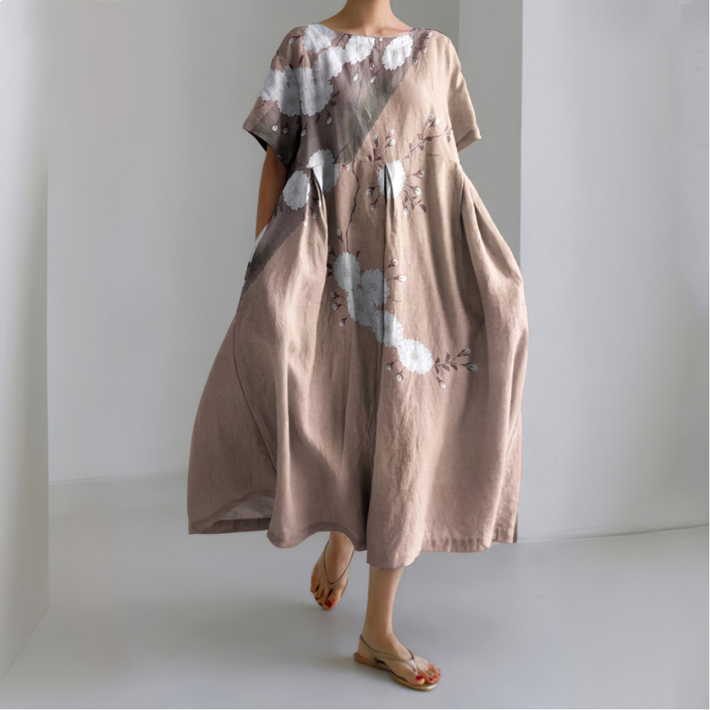 Japanese Art Flower Print Short Sleeve Casual Midi Dress