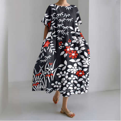 Japanese Art Flower Print Short Sleeve Loose Midi Dress