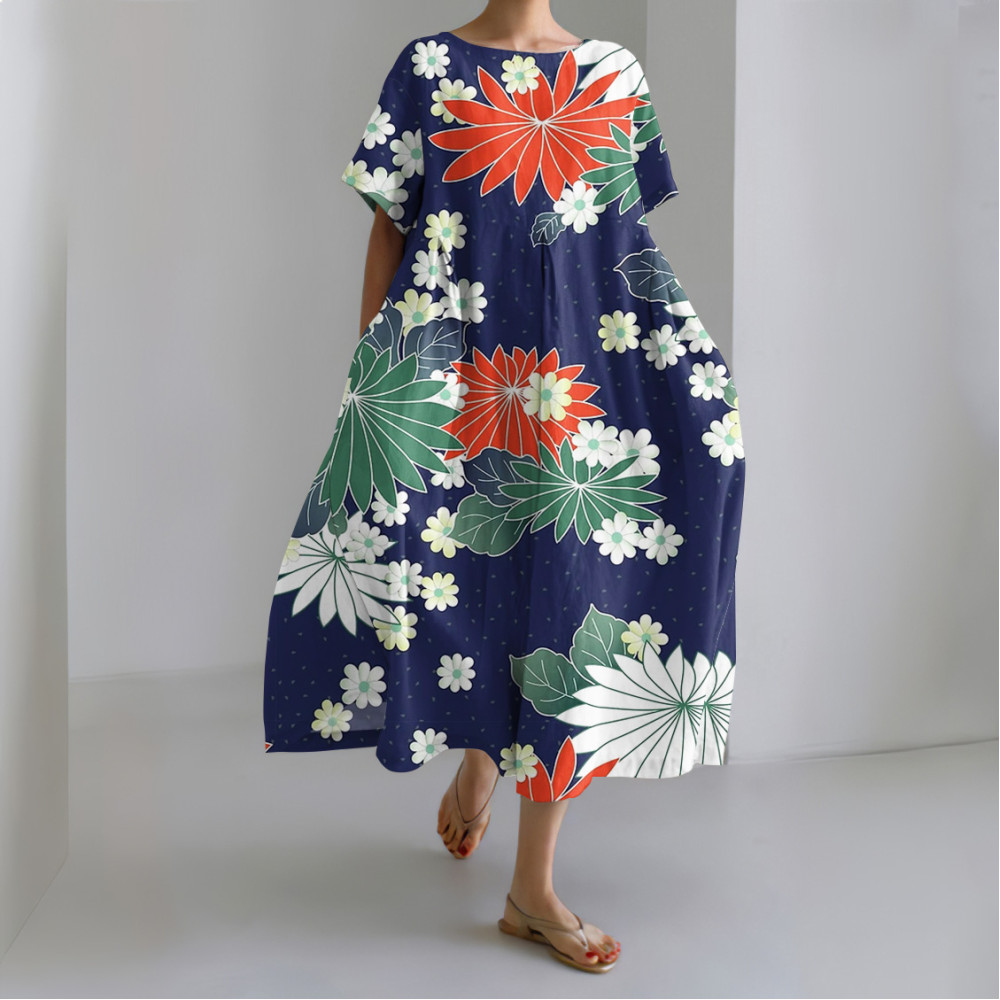 Japanese Art Flower Print Short Sleeve Loose Midi Dress