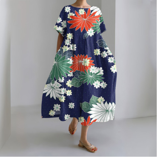 Japanese Art Flower Print Short Sleeve Loose Midi Dress