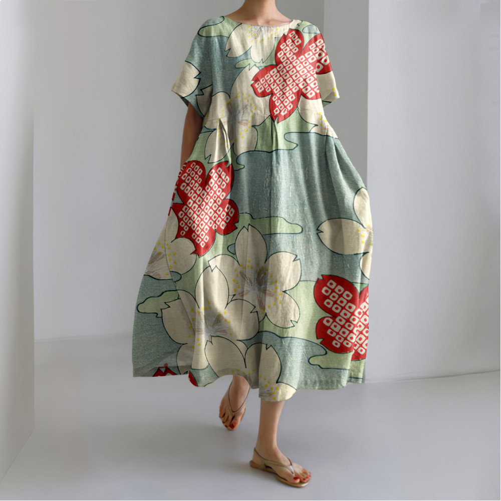 Japanese Art Flower Print Short Sleeve Loose Midi Dress