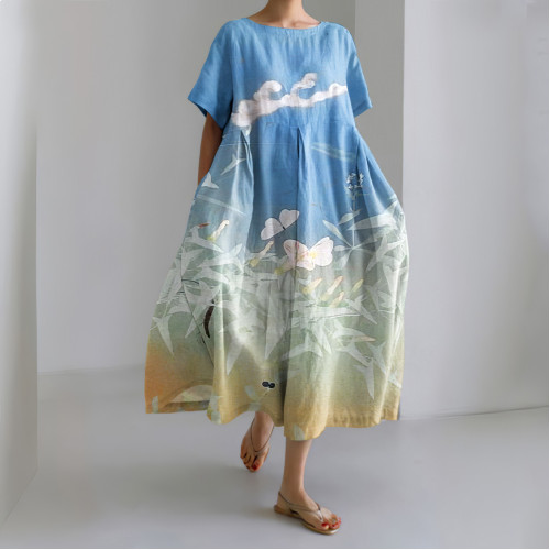 Japanese Art Flower Print Short Sleeve Loose Midi Dress