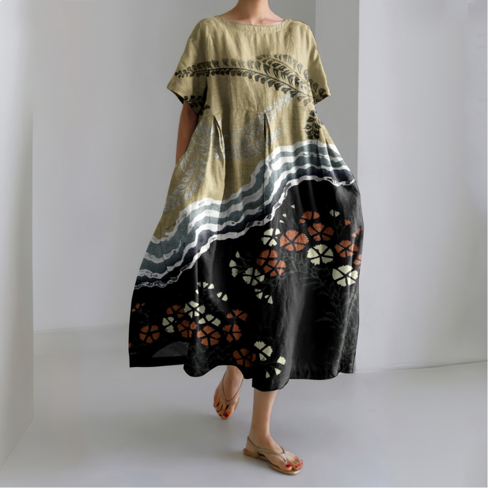 Japanese Art Flower Print Short Sleeve Loose Midi Dress
