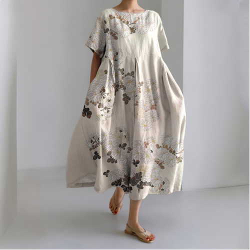 Japanese Art Flower Print Short Sleeve Loose Midi Dress