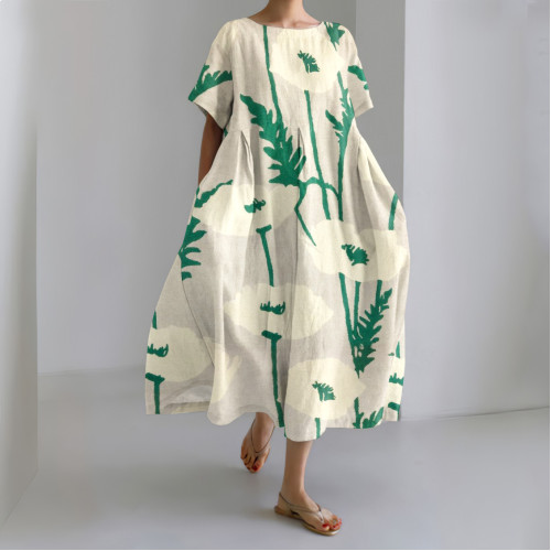 Japanese Art Flower Print Short Sleeve Loose Midi Dress
