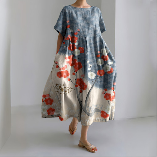 Japanese Art Flower Print Short Sleeve Loose Midi Dress