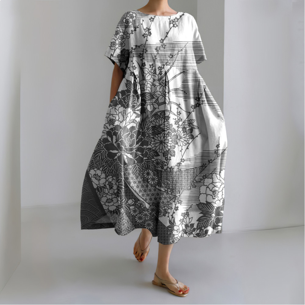 Japanese Art Flower Print Short Sleeve Midi Dress