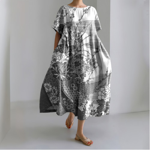 Japanese Art Flower Print Short Sleeve Midi Dress