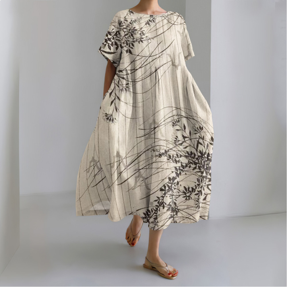 Japanese Art Flower Print Short Sleeve Midi Dress