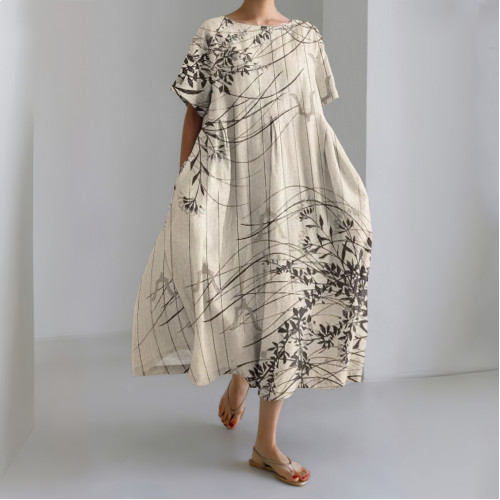 Japanese Art Flower Print Short Sleeve Midi Dress