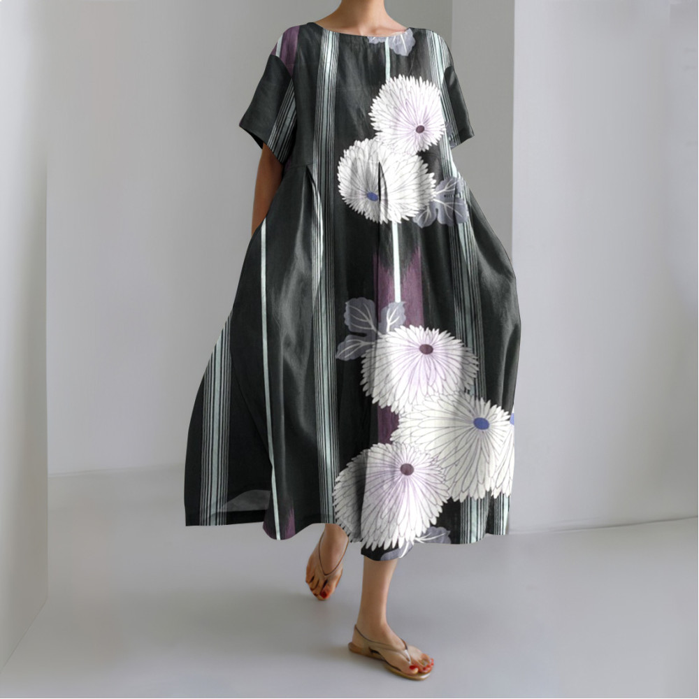 Japanese Art Flower Print Short Sleeve Midi Dress