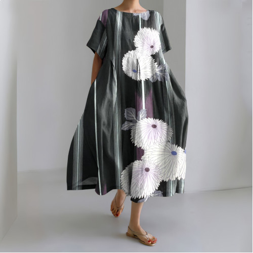 Japanese Art Flower Print Short Sleeve Midi Dress