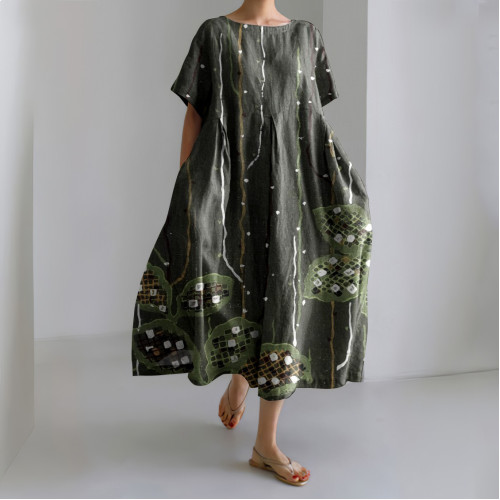 Japanese Art Flower Print Short Sleeved Loose Midi Dress
