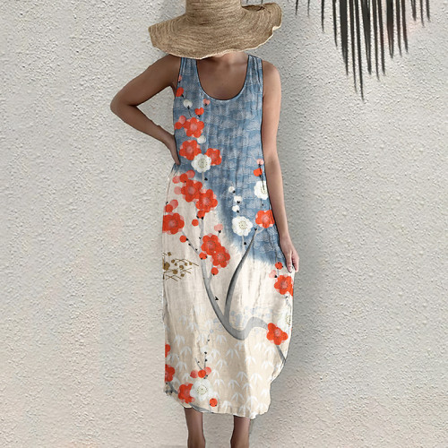 Japanese Art Flower Print Sleeveless Casual Midi Dress