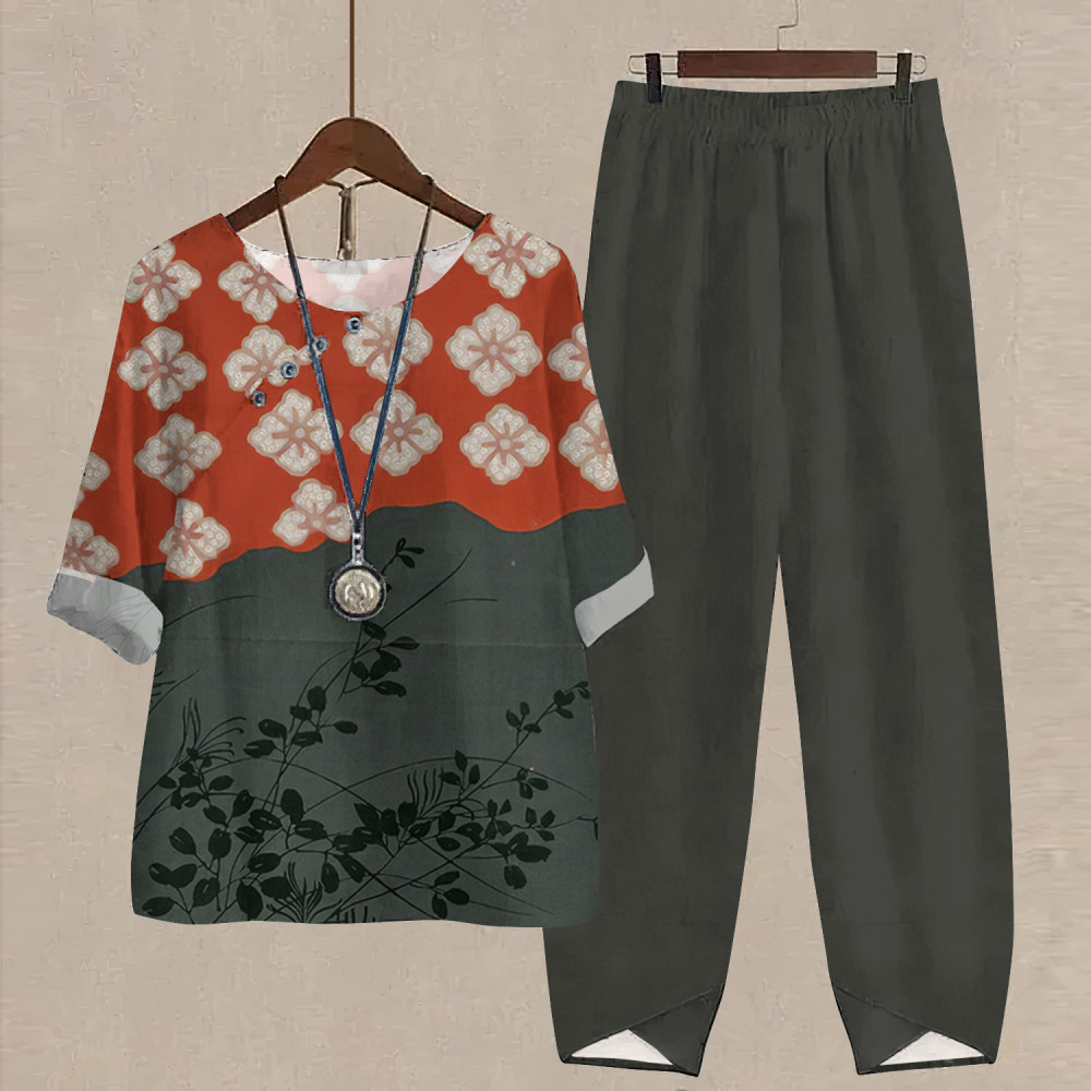 Japanese Art Flower Print T-Shirt Two Piece Set