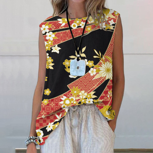 Japanese Art Flower Print Tank Top