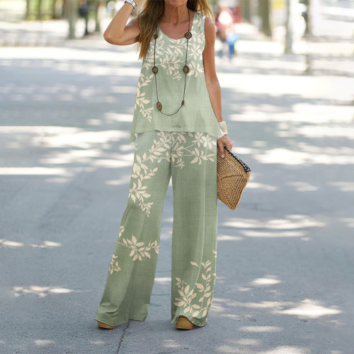 Japanese Art Flower Print Tank Top Two Piece Set