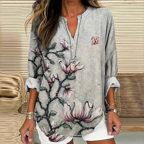 Japanese Art Flower Print V-Neck Blouse