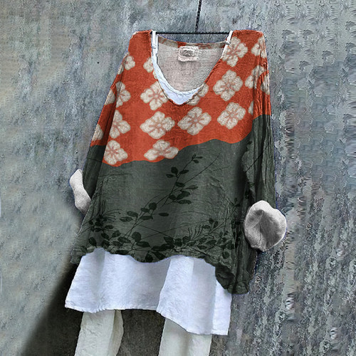 Japanese Art Flower Print V-Neck Blouse