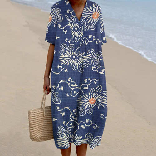 Japanese Art Flower Print V-Neck Casual Midi Dress