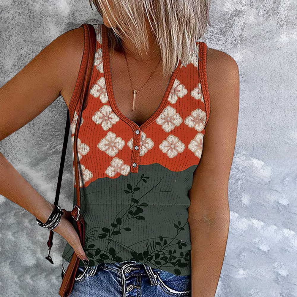Japanese Art Flower Print V-Neck Casual Tank Top