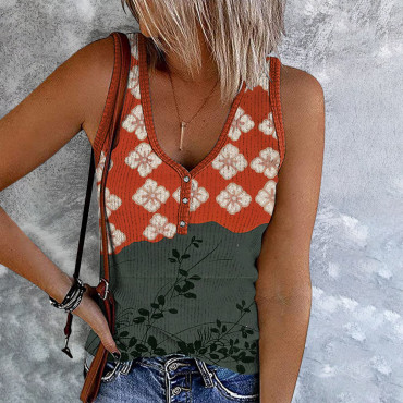 Japanese Art Flower Print V-Neck Casual Tank Top