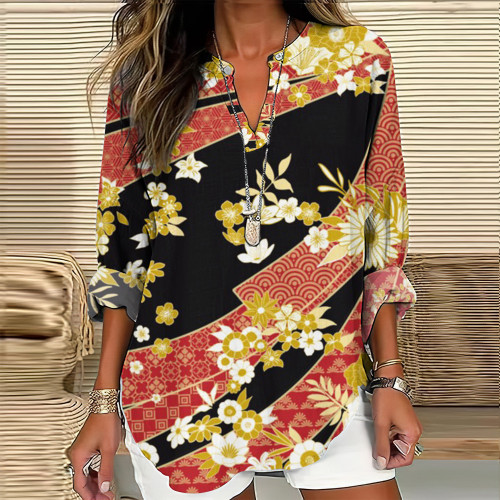 Japanese Art Flower Print V-Neck Loose Blouse