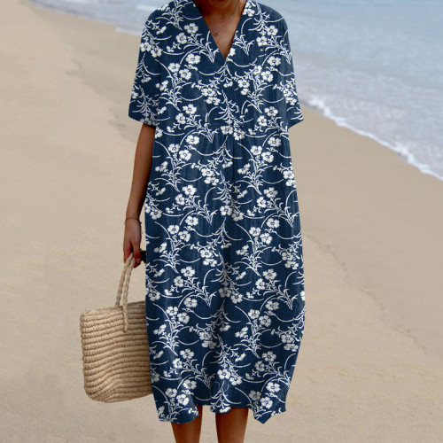 Japanese Art Flower Print V-Neck Loose Midi Dress