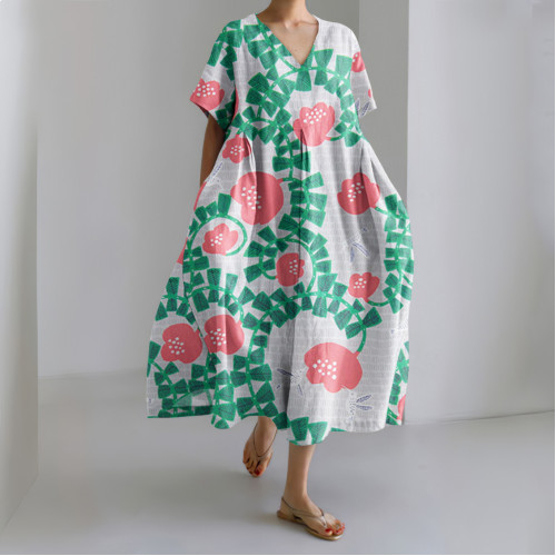Japanese Art Flower Print V-Neck Short Sleeved Midi Dress