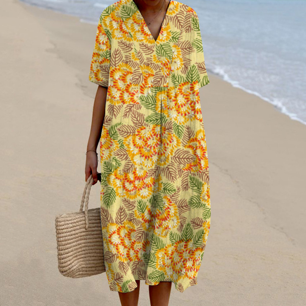 Japanese Art Flower Print V-Neck Short Sleeved Midi Dress