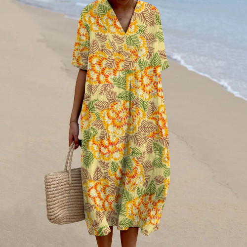 Japanese Art Flower Print V-Neck Short Sleeved Midi Dress