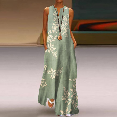 Japanese Art Flower Print V-Neck Sleeveless Maxi Dress